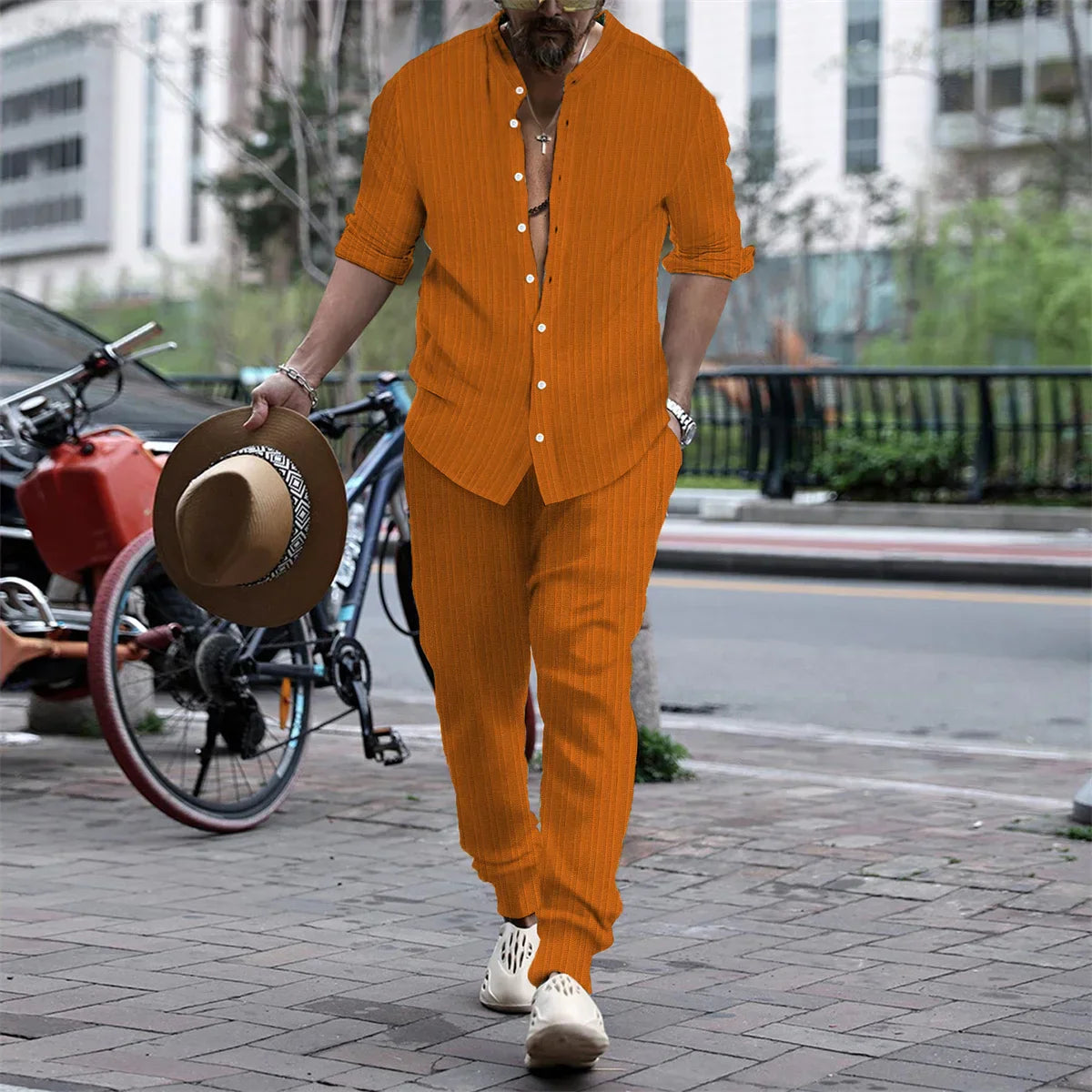 maoxiangshop Autumn Casual Simple Style Mens Sets Long-shirts Long Pants Solid All-match Henry Collar Striped Two-piece Sets S-3XL