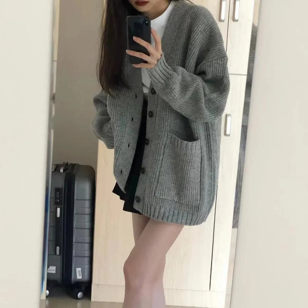 maoxiangshop Women's Sweaters Button Up V-neck Front Pocket Soft Wool Knitted Cardigan Chic Korean Fashion Outfit Autumn Winter