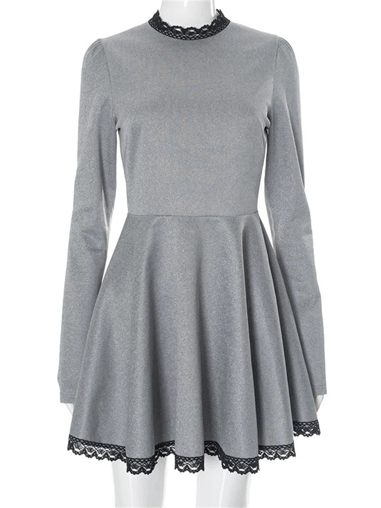maoxiangshop - Lace Patchwork Fashion Mini Dress For Women Long Sleeve Contrast High Waist Autumn Zipper Dress Women Bodycon Dress 2025