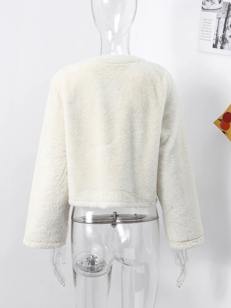 maoxiangshop - 2024 Winter Lambs Wool Jacket Coat Loose O-neck Leather Knot Buckle Long Sleeve Plush Jackets Autumn Fashion Lady Solid Outwear