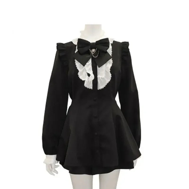 maoxiangshop - Japanese Style Gothic Y2k Lolita Plaid Rhinestone Bow Dress Shorts Set Sweet Women Puff Short Sleeve Button Shirt Party Dresses