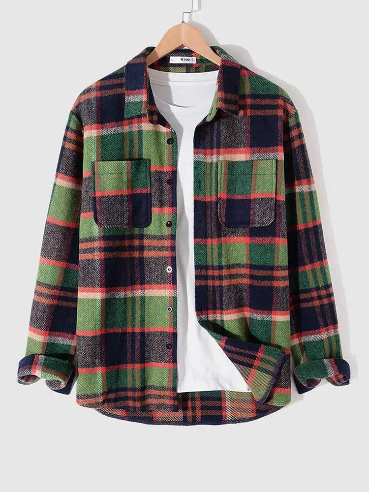 maoxiangshop Long Sleeve Shirt for Men Plaid Fuzzy Button Shacket Blouses Unisex Streetwear Overshirt Fall Winter Warm Shirt Tops