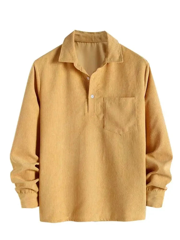 maoxiangshop Shirts for Men Corduroy Long Sleeves Shirt Half Button Solid Blouses Fall Spring Streetwear Overshirts Tops with Pocket