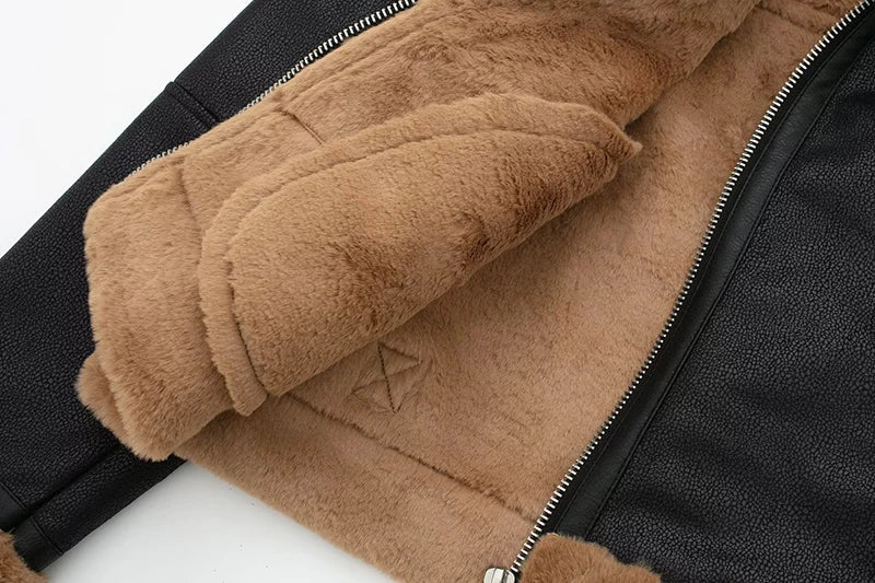 maoxiangshop - Loose Moto Biker Winter Shearling Sheepskin Leather Jackets Streetwear Thicken Parka Faux Leather Lamb Fur Outwear