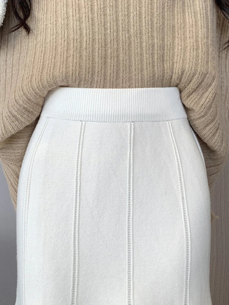 maoxiangshop Knitted Long Skirt for Women Fashion Korean Autumn Winter Ankle-Length Casual Slim Midi Skirt Solid Elegant Women's Skirts
