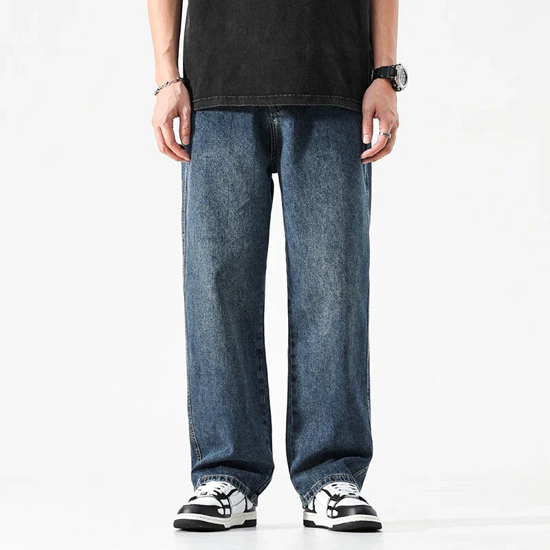 maoxiangshop Baggy Jeans Men Wide Leg Pants Dark Blue Denim Pants Straight Cut Oversize Pants Korean Style Trousers For Men Clothing