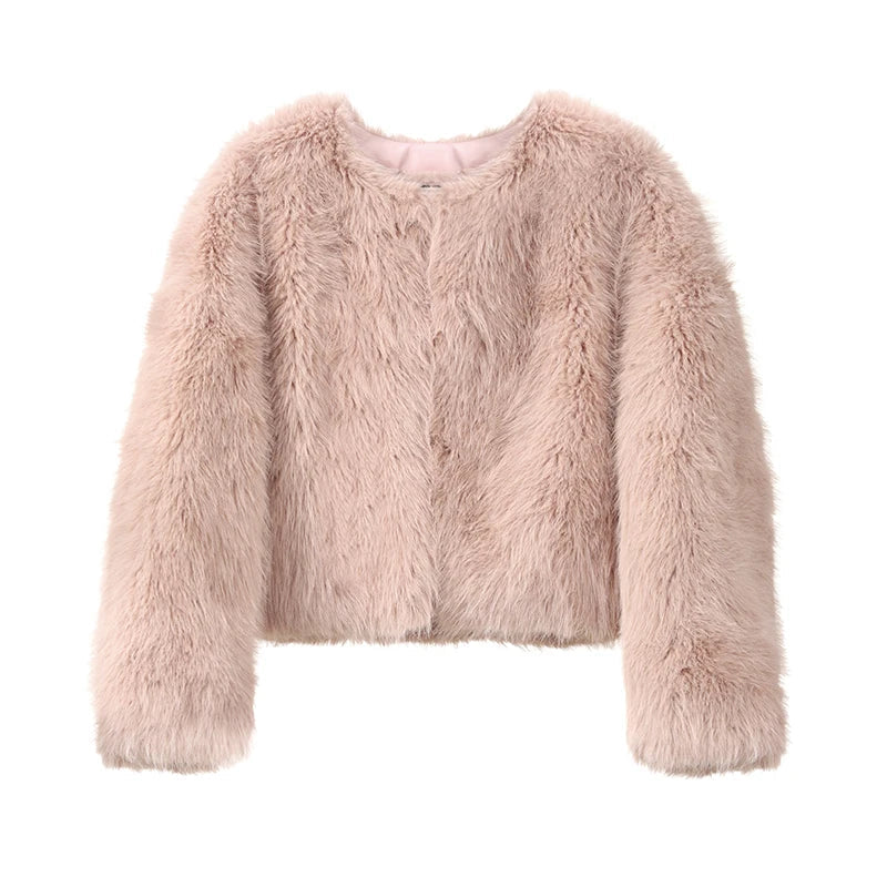 maoxiangshop - Brand Fashion 2024 Winter Sweet Pink Cropped Faux Fur Coat Women Streetwear Ins Chic Girls Fluffy Fox Fur Jacket Female