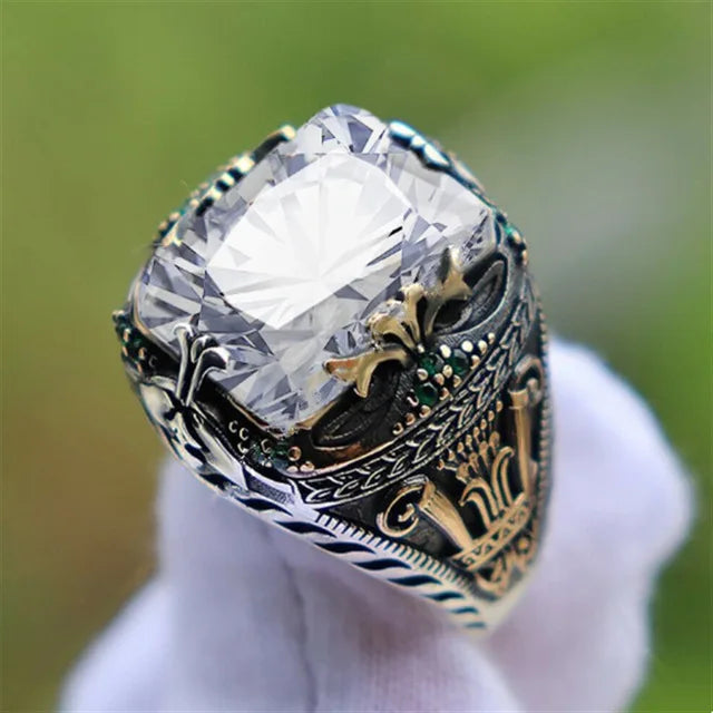 maoxiangshop Retro Handmade Turkish Signet Rings for Men Ancient Silver Color Carved Ring Mystic Zircon Inlay New Punk Motor Biker Ring