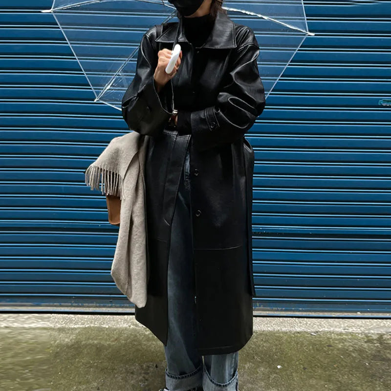 maoxiangshop - Autumn Winter Vintage Trench Coat Women New Lapel Single Breasted Loose Long PU Leather Cool Coat Fashion Classic Casual Coat