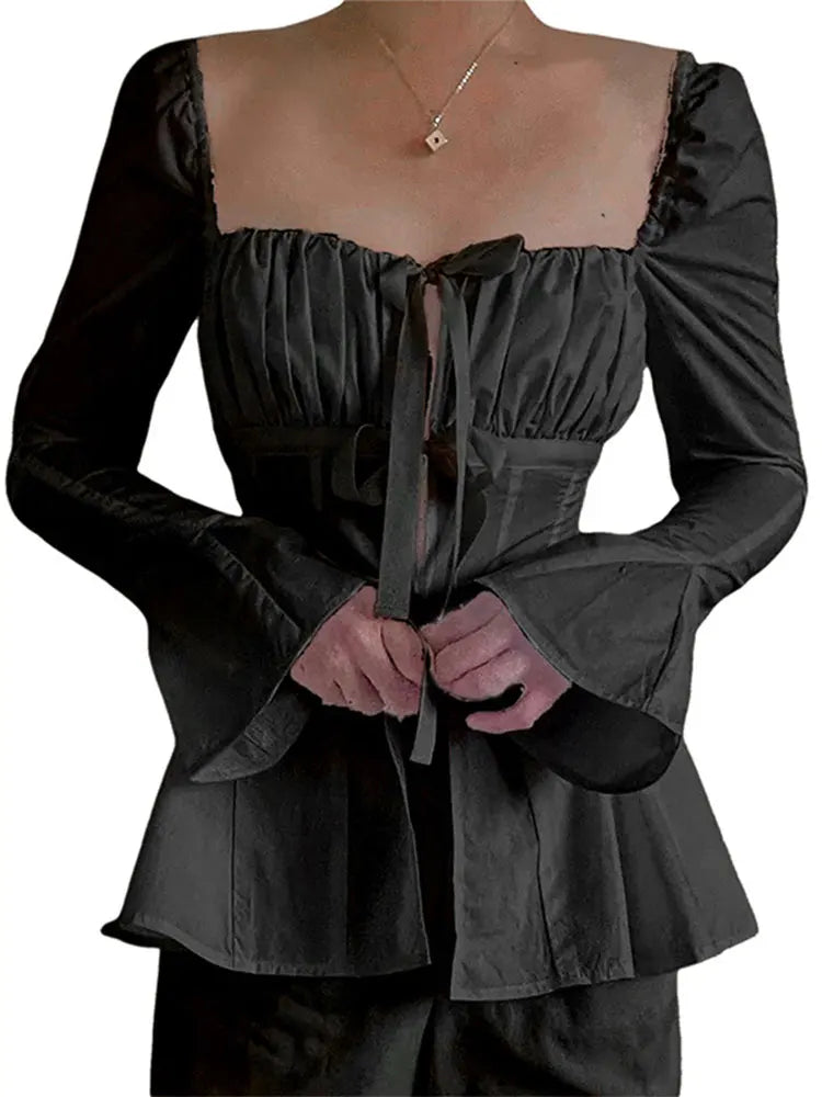 maoxiangshopY2K White slim fit pleated lace up corset for women fashion square neck long flare sleeve top Spring lady party chic shirt 2024