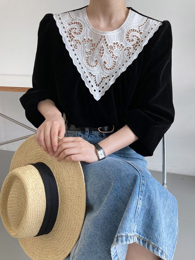 maoxiangshop Fashion Velvet Patchwork Lace Tops Women Lantern Long Sleeve Black T-shirts Female Streetwear Pullovers Autumn Clothes