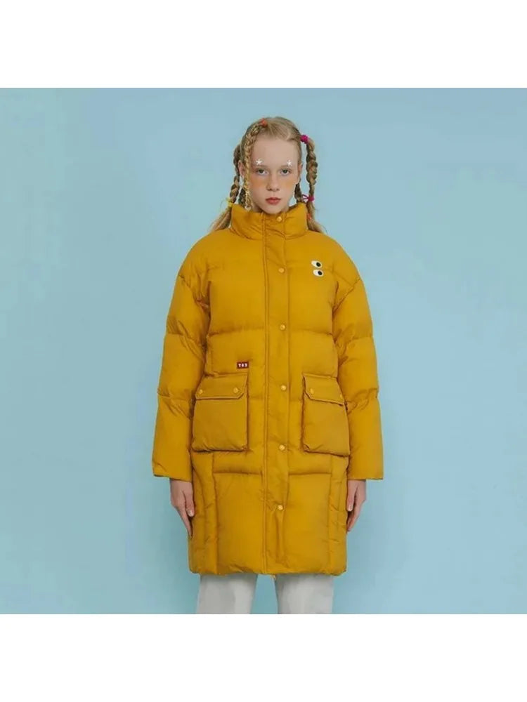 Long Parkas Jacket For Women Yellow Solid Cartoon Embridery Pocket Coat Winter Sleeve Single-breasted Warm Outwear