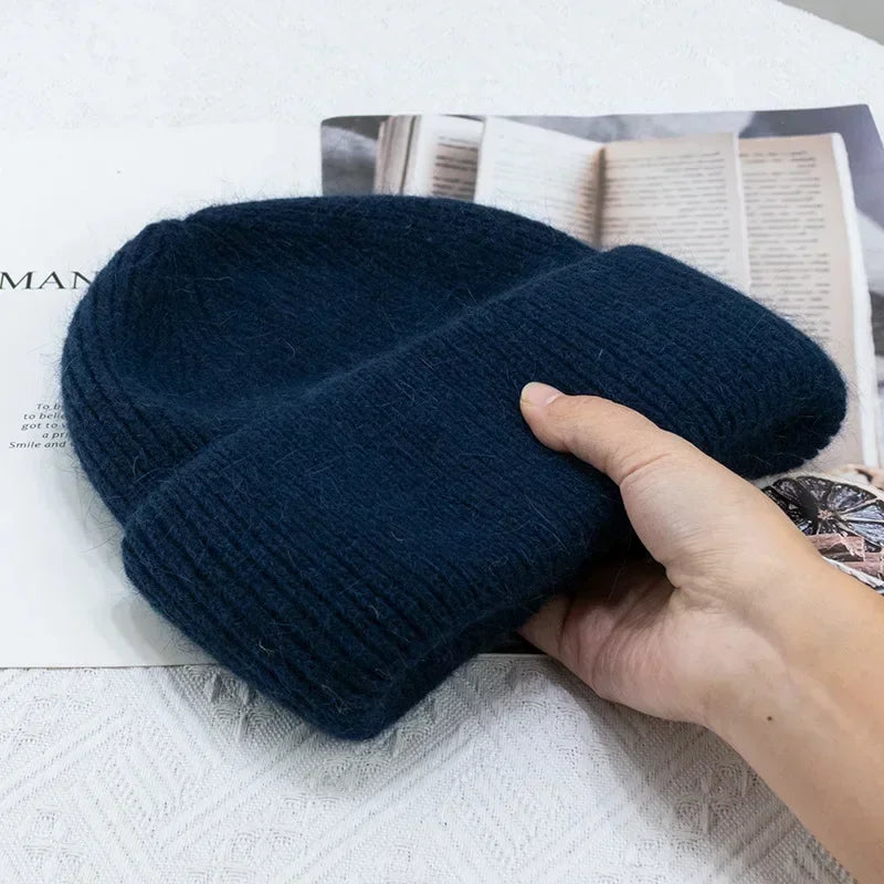 maoxiangshop 21colors Autumn Angola Rabbit Fur Knitted Beanies Winter Skullies Women's Hat Fashion Solid Warm Cashmere Wool Three Fold Thick