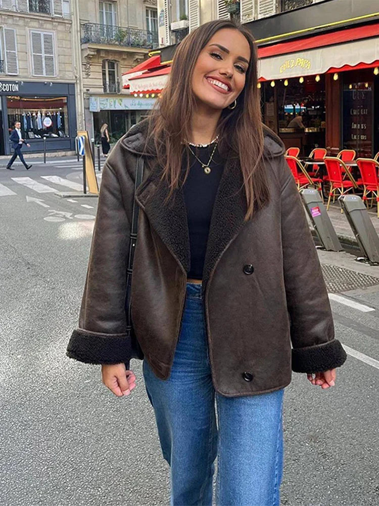 maoxiangshop - Thick Faux Leather Jackets for Women Autumn Winter Warm Jackets Woman 2024 Faux Wool Coats Long Sleeve Oversized Jacket
