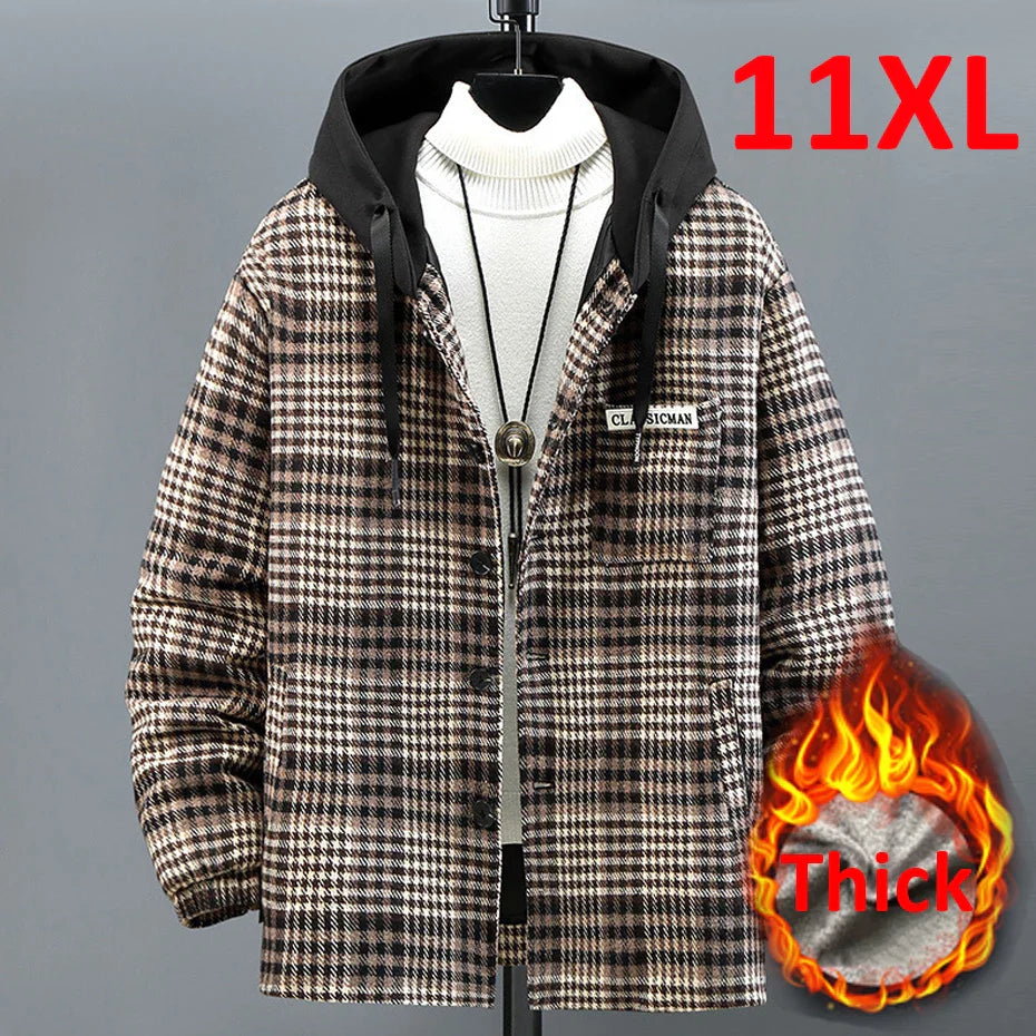 maoxiangshop Plus Size 10XL 11XL Plaid Parkas Men Winter Thick Jacket Coat Plaid Fashion Casual Winter Hooded Jackets Big Size 11XL 10XL Male