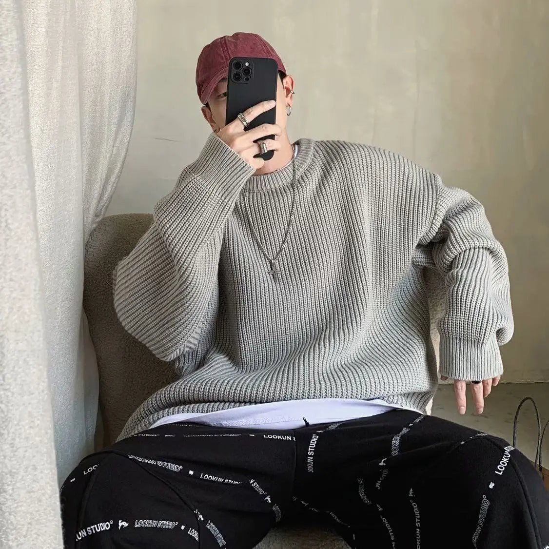 maoxiangshop Men Autumn Solid Color Wool Sweaters Slim Fit Streetwear Mens Clothing Casual Knitted Sweater Men Korean Fashion Pullovers