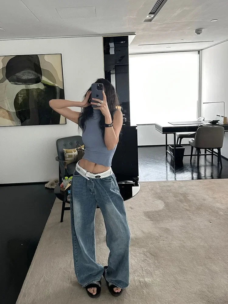 maoxiangshop Vintage Y2k Jeans Women Baggy Kpop Gyaru Streetwear Wide Blue Denim Pants Harajuku Korean Acubi Fashion High Waist Jeans