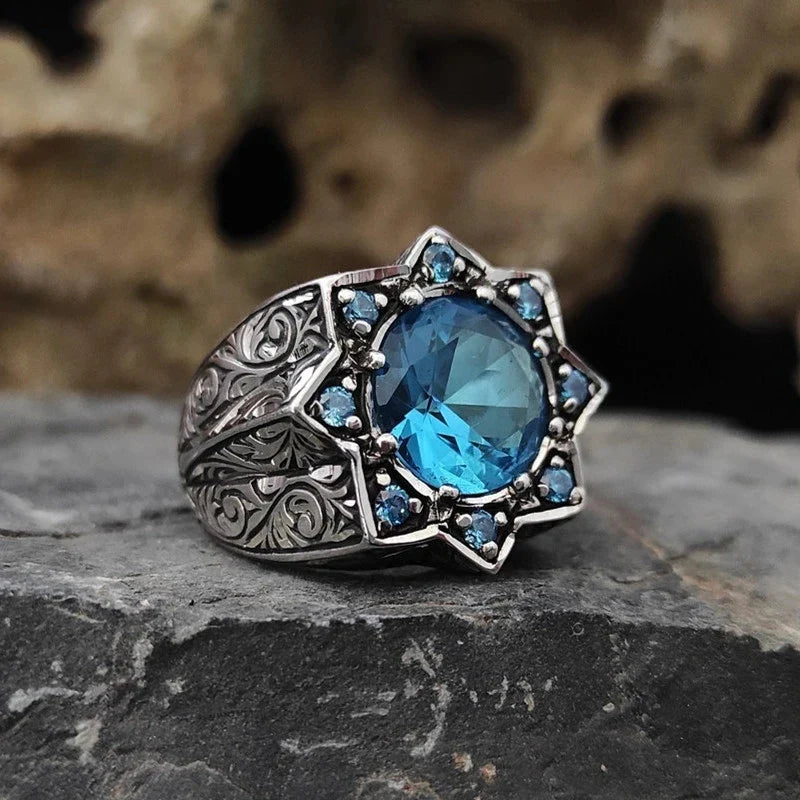 maoxiangshop Retro Handmade Turkish Signet Rings for Men Ancient Silver Color Carved Ring Mystic Zircon Inlay New Punk Motor Biker Ring