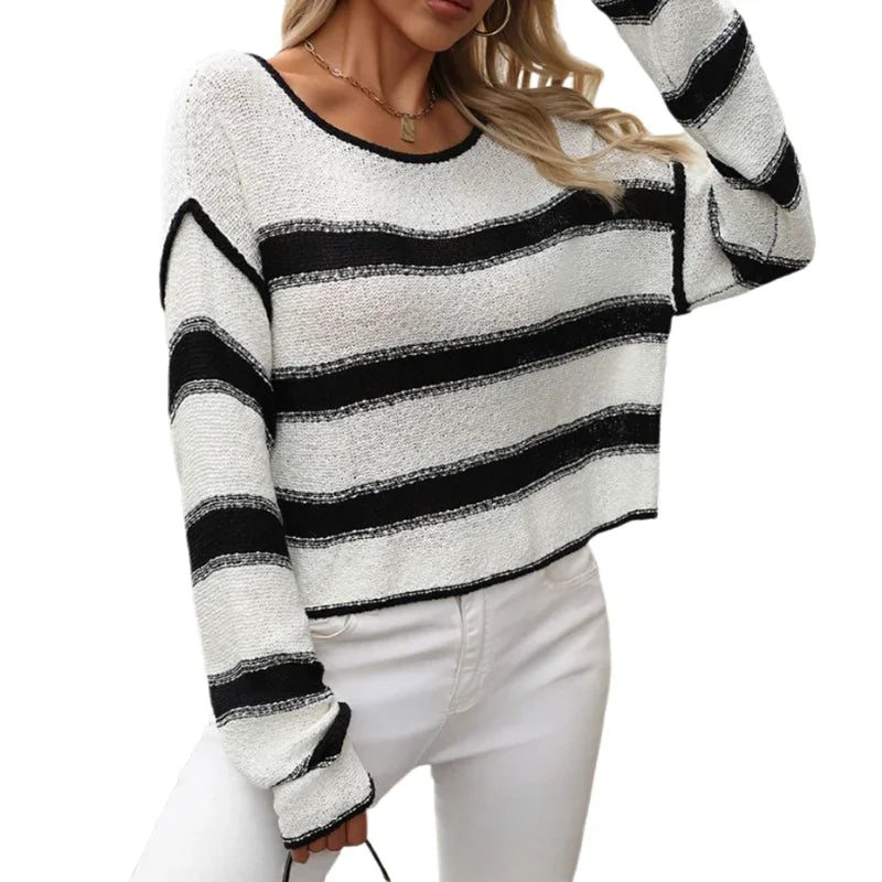 maoxiangshop - Casual Round Neck Color Blocking Knit Pullover Sweater in Autumn/Winter Colors, with Striped Design and Loose Fit