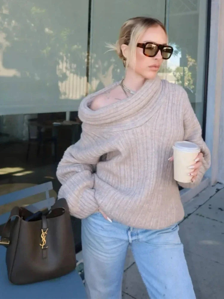 maoxiangshop - Elegant Oversize Knitted Thick Pullover Winter Fashion Slash Neck Full Sleeve Gray White Warm Women Sweater Streetwear