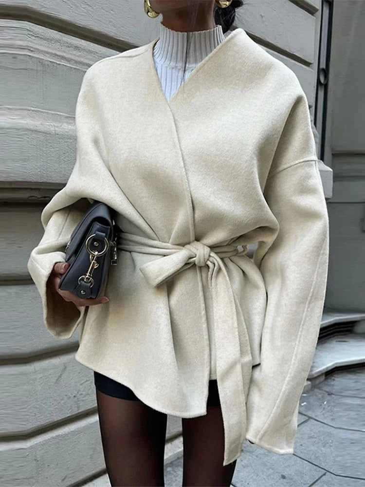maoxiangshop - Elegant Fleece Women's Coat With Belt Solid V-neck Long Sleeve Lace Up Jacket Cardigan Autumn Winter Coats Female Tops Outwear