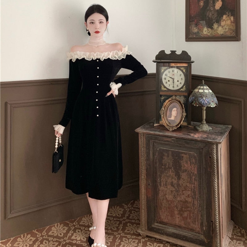 maoxiangshop Winter Velvet France Vintage Dress Women Korean Elegant Evening Party Midi Dress Ladies Long Slevee Retro Chic Dress Autumn
