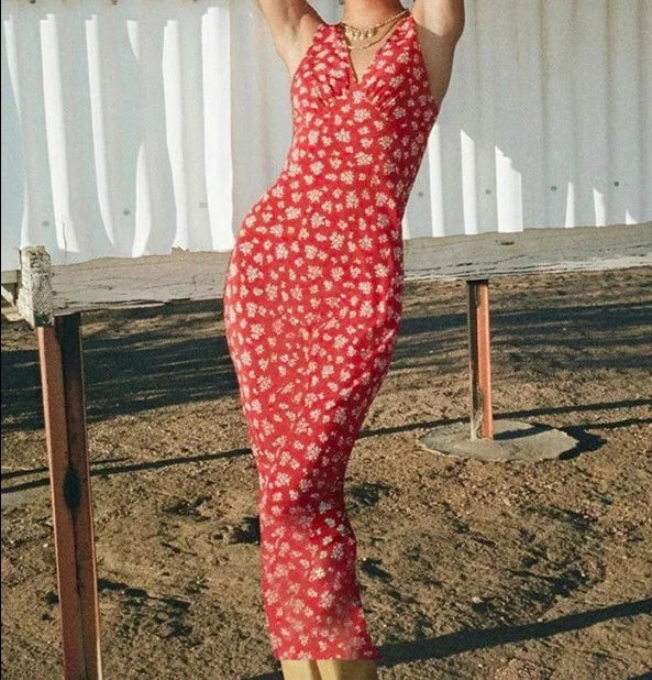 maoxiangshop Floral Print Deep V-Neck Slip Elegant Women Autumn Maxi Dress Fashion Sexy Backless Slim Long Dresses New