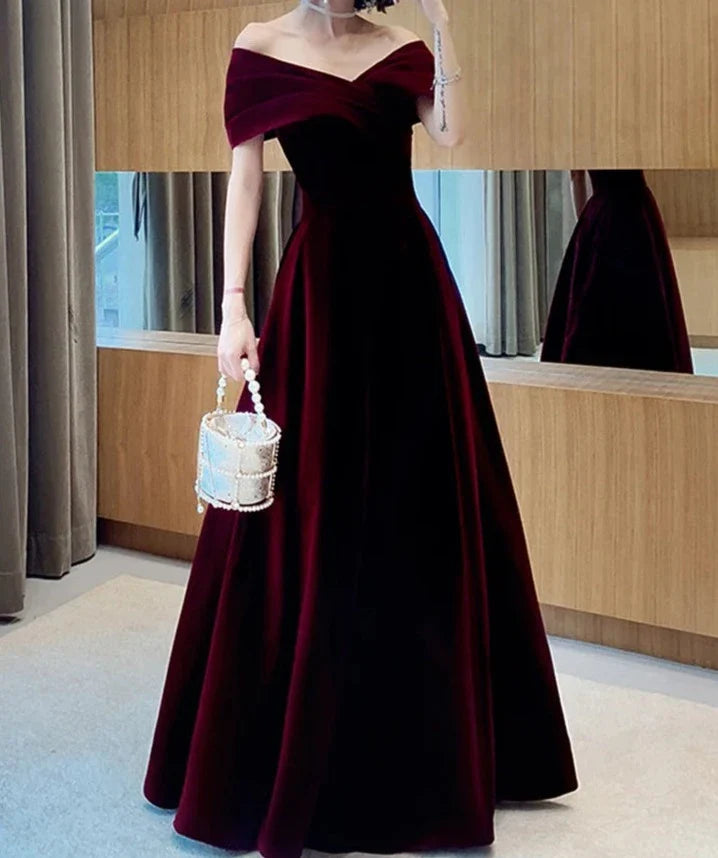 maoxiangshop Spring Long Luxury Elegant Wine Red Soft Velvet Evening Party Wedding Dresses for Women Off Shoulder Maxi Dress