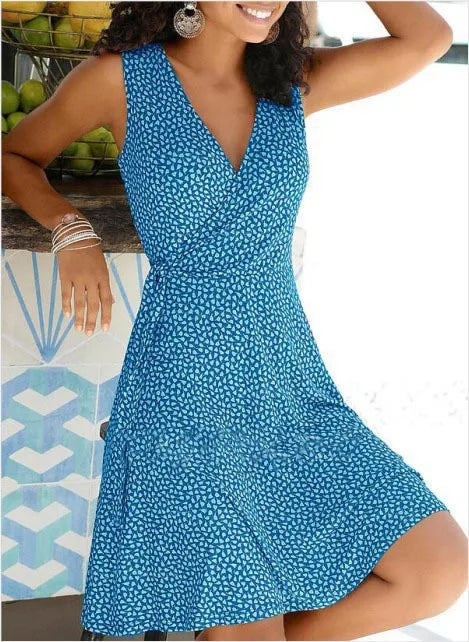 maoxiangshop Summer Dress Women's New Casual Dot V Neck Sleeveless Bandage Beach Pop Floral Belt Women's Clothing Women