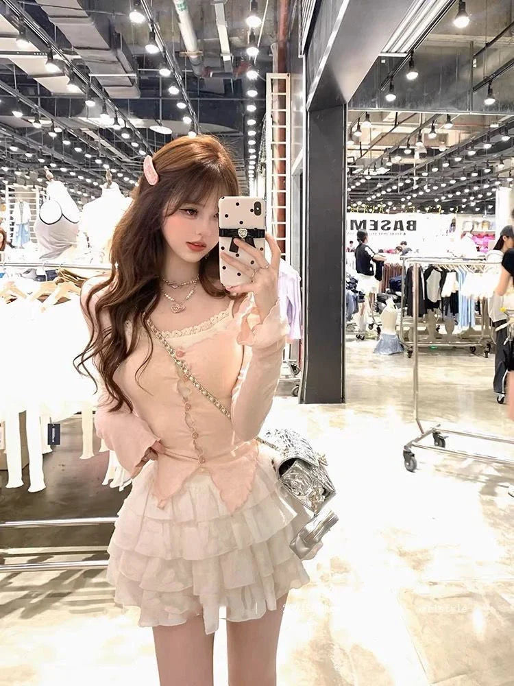 maoxiangshop - 2024 Japanese Style Kawaii 3 Piece Set Women Casual Y2k Crop Top Pink Thin Cardigan Sweet Mini Cake Skirt Cute Fashion Suits