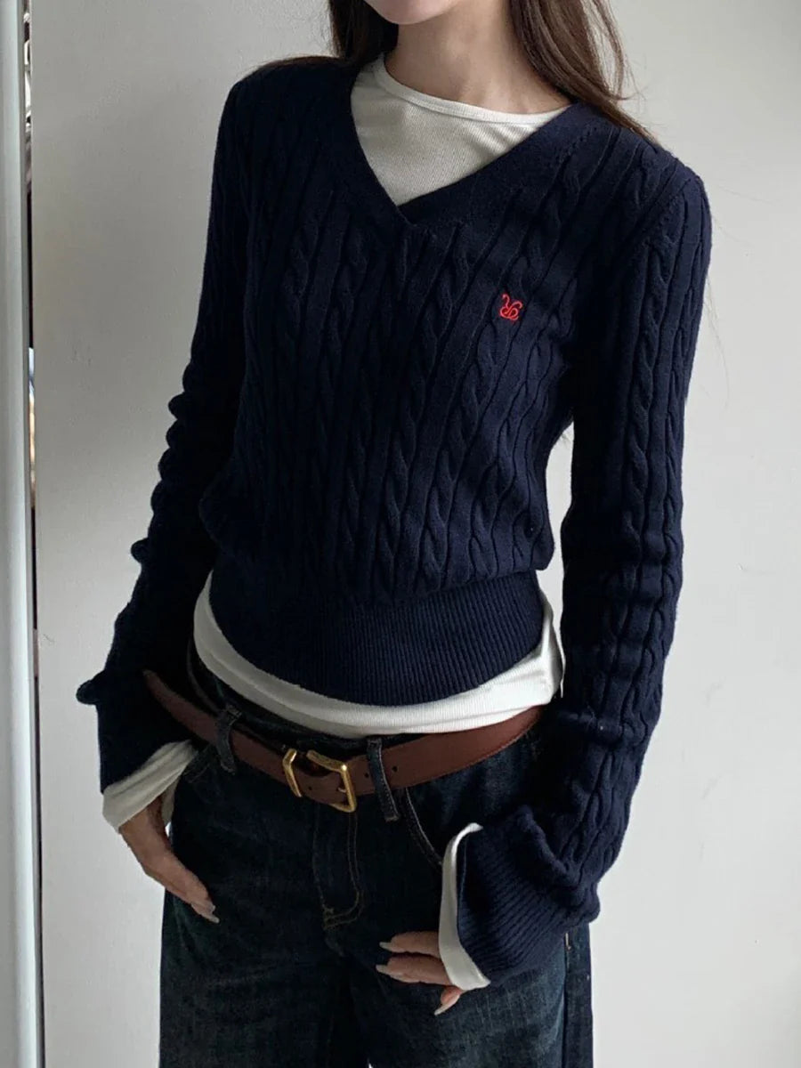 maoxiangshop - Twisted Flower Embroidery Slim Sweater Women Chic Long Sleeve V Neck Jumpers Autumn New Vintage Fashion Casual Knitted Pullover