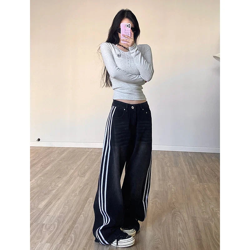 Black High Waisted Women Straight Jeans Streetwear Fashion Contrasting Colors Vintage Wide Leg Winter Female Denim Trouser