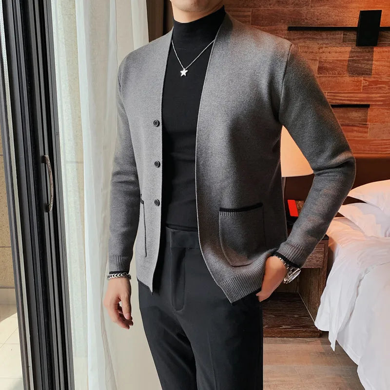 maoxiangshop Knitted Cardigan Men Autumn Long Sleeve Slim Fit Sweater Coat Business Casual Sweatercoat Streetwear Men Clothing