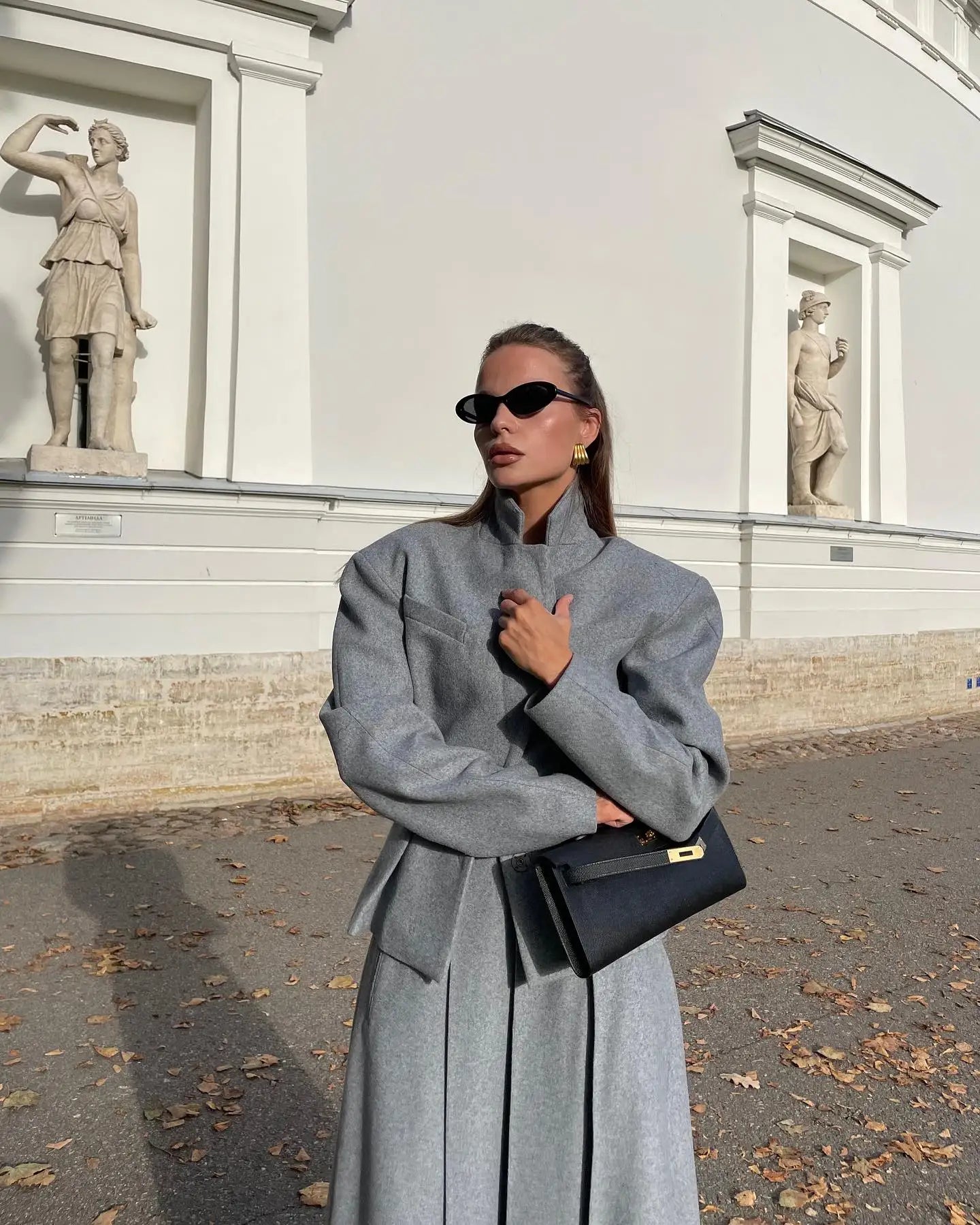 maoxiangshop - 2024 Autumn New Grey Pleated Skirt Set For Women Solid Lapel Collar Blazers High Waist Skirts 2 Pieces Set Lady Party Club Suit