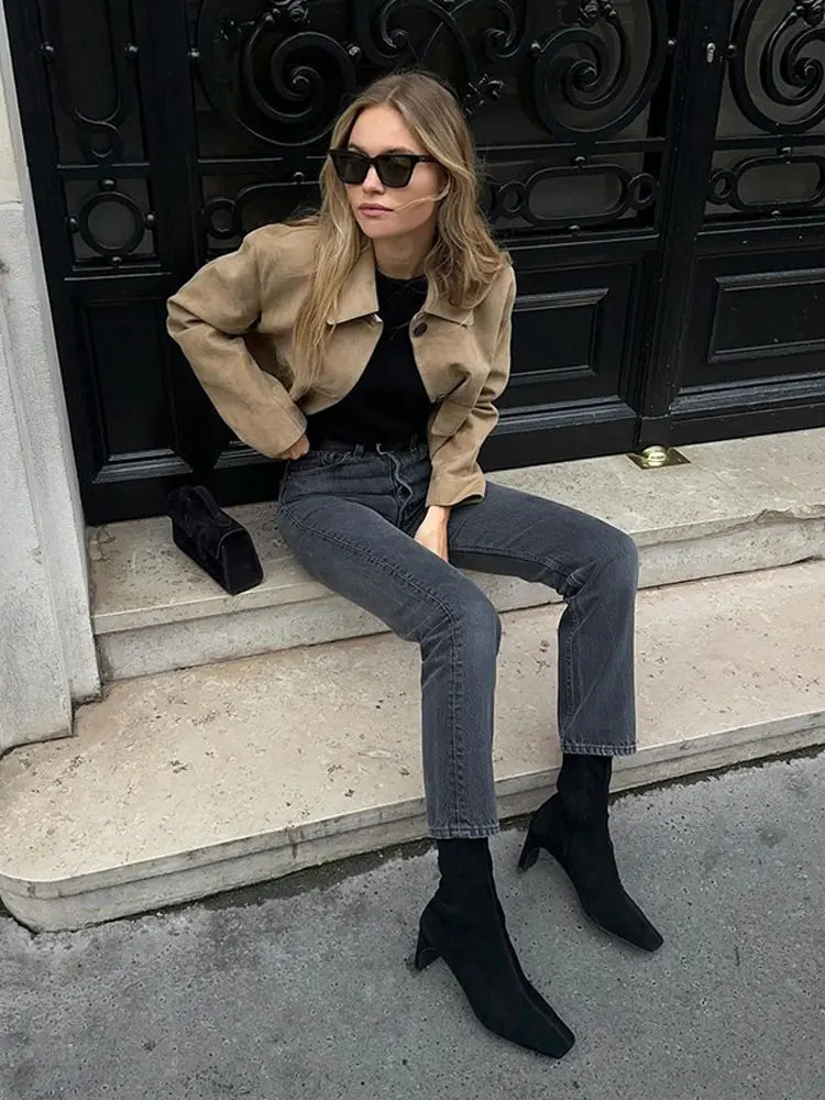 maoxiangshop - Autumn Chic Lapel Long Sleeve Cropped Coats Chic Single Breasted Solid Lady Leather Jacket Female High Street Outercoat Tops