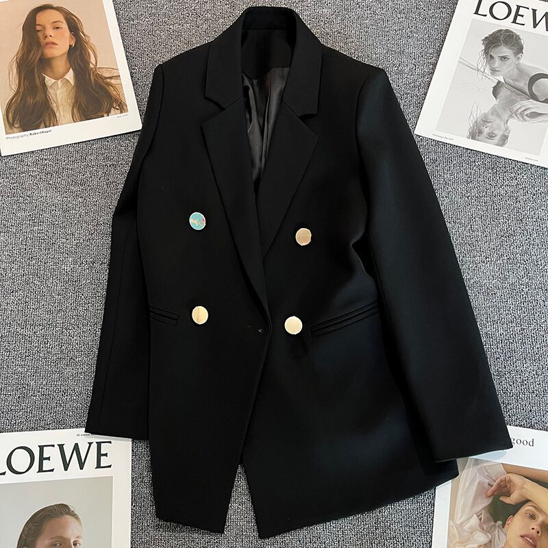 maoxiangshop Women Casual Blazer Double Breasted Suit Jacket Korean Version Pure Color Loose Fashion Suit Jacket Simple Office Ladies Tops