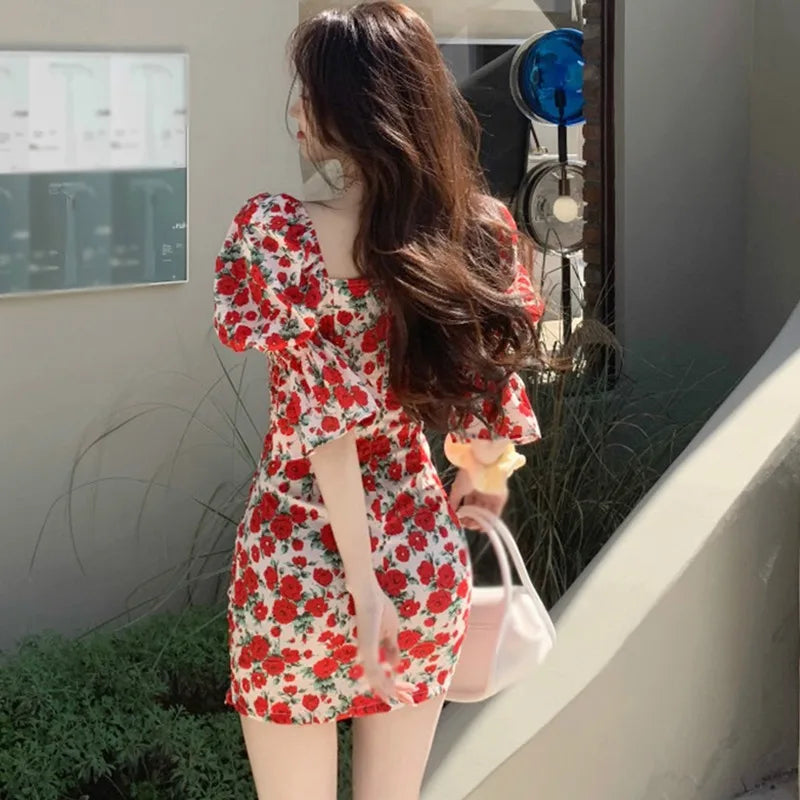maoxiangshop Spring Summer Square Collar Floral Dress Women Temperament Slim Waist Bag Hip Skirt French Retro Dresses
