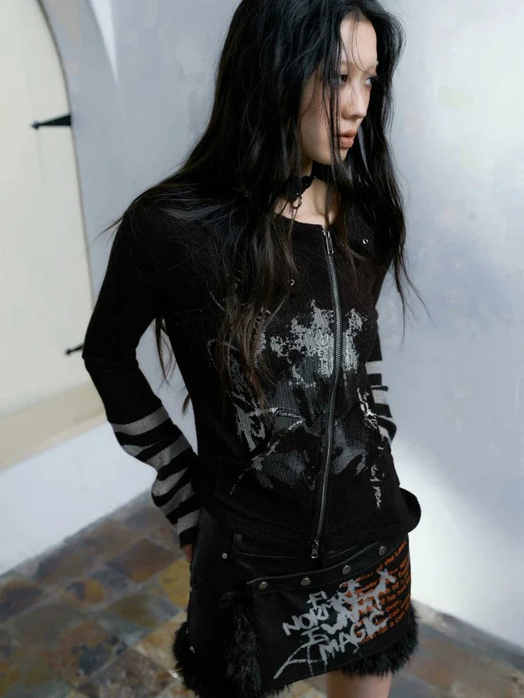 maoxiangshop Gothic Vintage Punk Hoodie Women American Retro Grunge Y2k Graphic Striped Patchwork Zipper Tees Tops Spring Chic