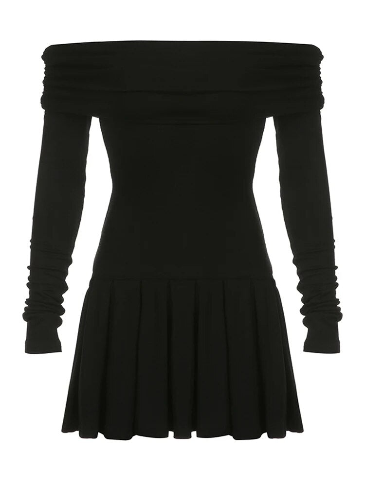 maoxiangshop Casual Pleated A-line Dress y2k Elegant Solid Black Slash Neck Long Sleeve Loose Dresses for Women Autumn All-match