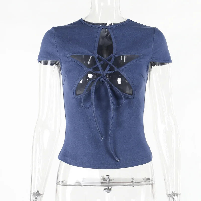 maoxiangshop - Lace Up Hollow Out Star Denim Crop Tops For Woman Summer Clothes Girly Y2k Cute Sexy T-Shirts Fitted Shirts Streetwear