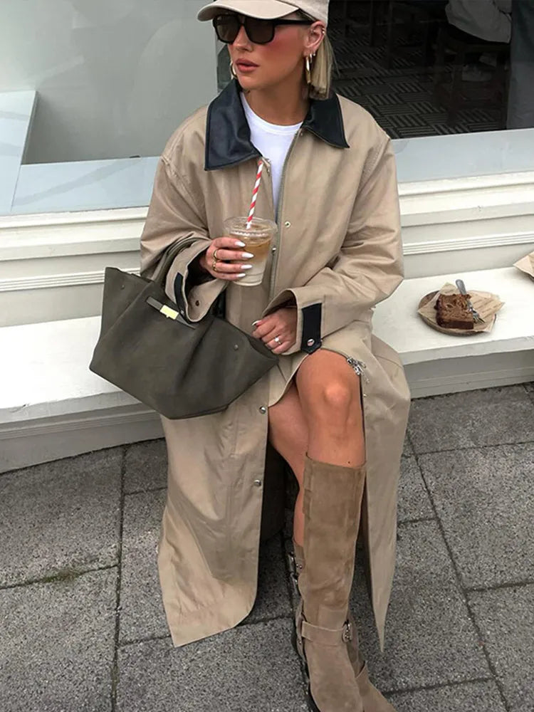 maoxiangshop - Elegant Patchwork Contrast Women Coat Loose Full Sleeve Zipper Button Pocket Maxi Coats Female 2024 Autumn Winter Lady Outwear