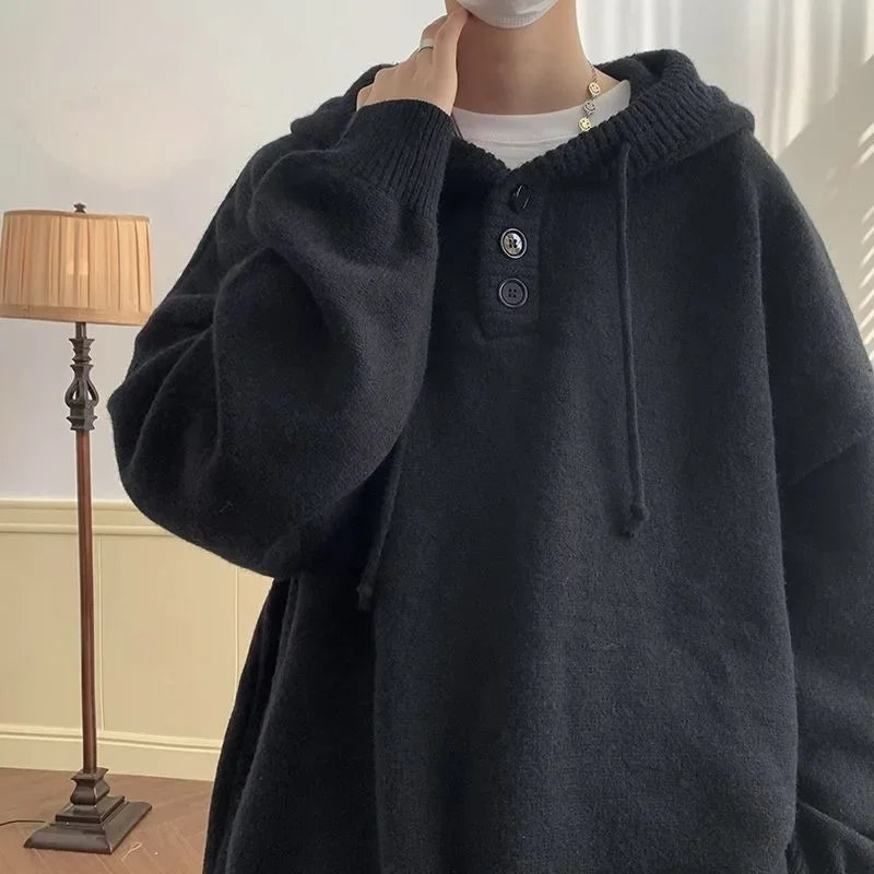 maoxiangshop Men Hooded Sweater Spring and Autumn Seasons Japanese Vintage Lazy Coat Male Wearing Hat Knit Casual Fashion Loose Sweater Top