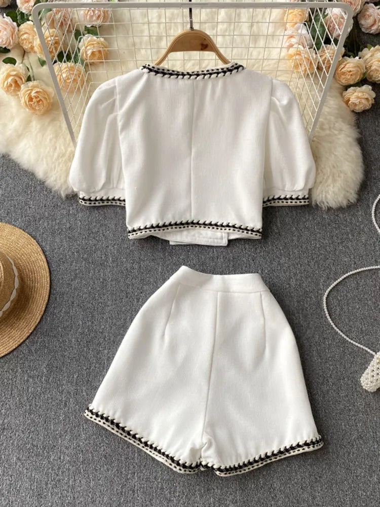 French Streetwear Small Fragrance Pants Suits Women Short Jacket Coat Crop Top & High Waist Shorts Sets Summer Two Piece Set