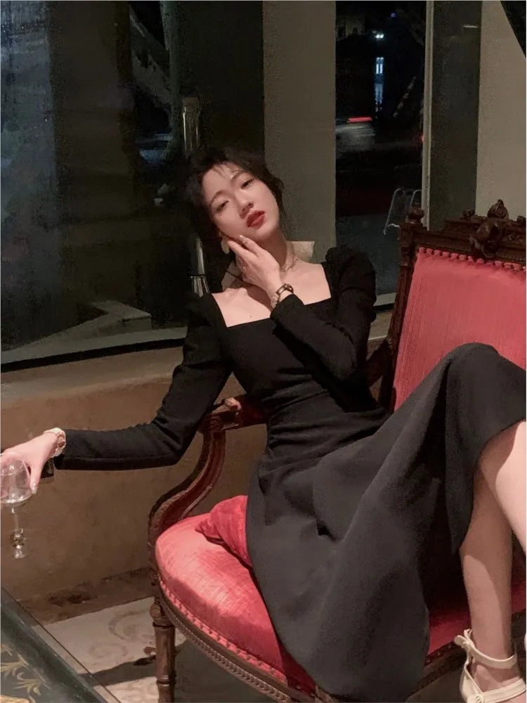 maoxiangshop 1 Spring New Elegant Square Collar Midi Party Dress For Women Long Sleeve Black White Slim Vestidos Female Clothes
