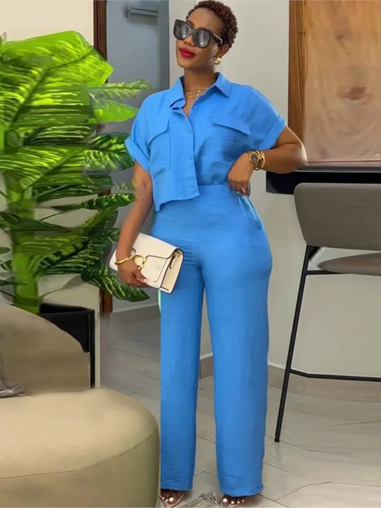 maoxiangshop Women's Two Piece Sets Spring Summer Casual Solid Turn-down Neck Short Sleeve Loose Top & Wide Leg Pants Set Streetwear Outfits