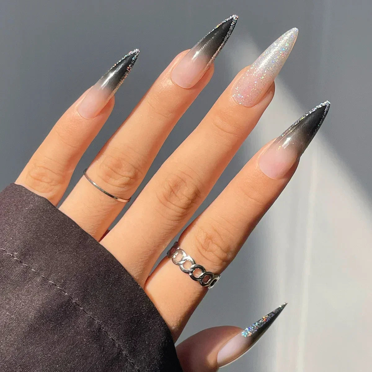 maoxiangshop 24Pcs False Nails With Glue Almond Pink Butterfly Design Detachable Rhinestones Acrylic Fake Nails long stiletto Press On Nails