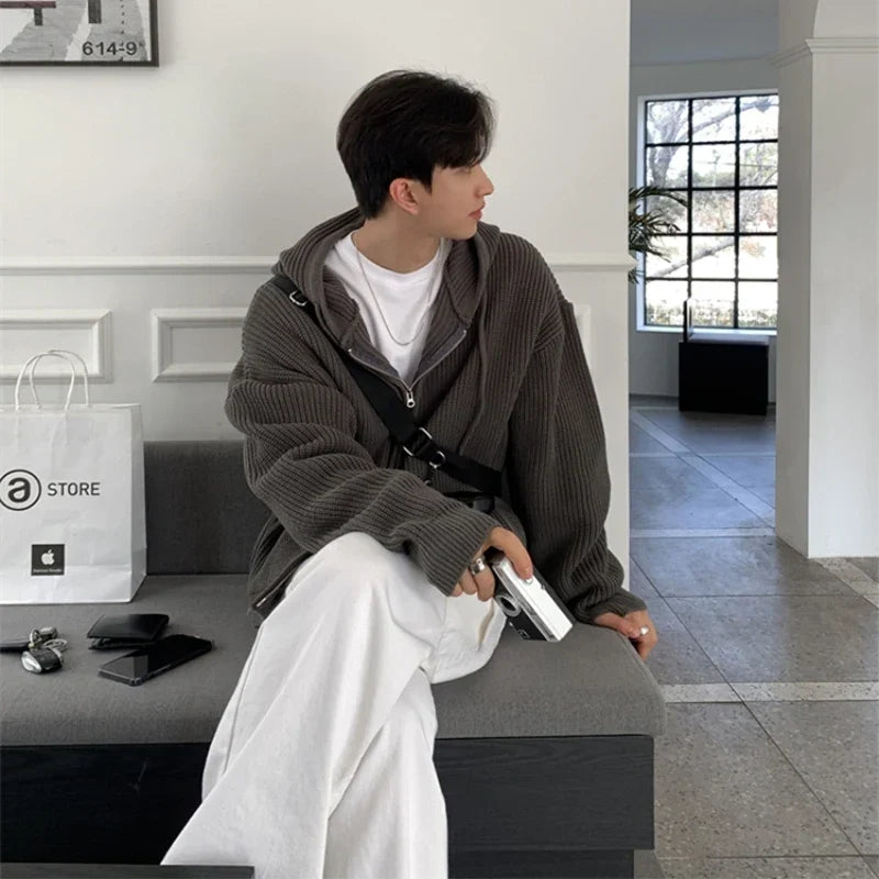 maoxiangshop Winter Sweater Cardigan Men Warm Oversized Knitted Hooded Sweater Coat Men Korean Loose Cardigan Sweater Mens Jumper Clothes