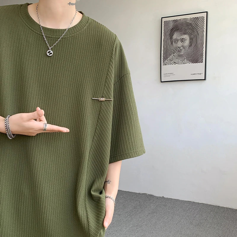 maoxiangshop Black/White/Green Pleated T Shirt For Men Summer Short Sleeve Plain T-Shirt Fashion Shirts Round Collar Sports Tops Tee