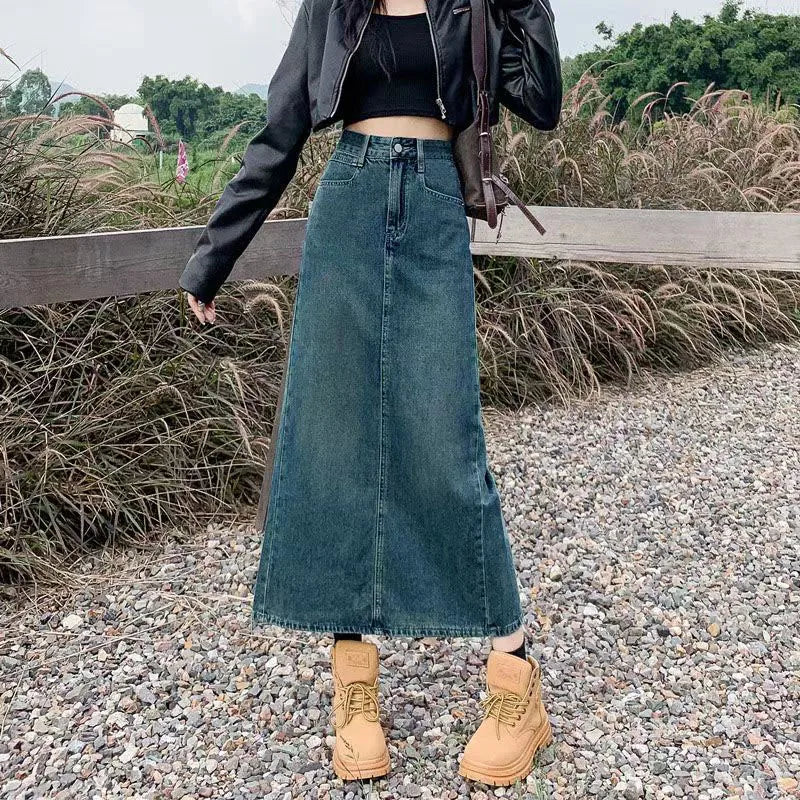 Lucyever Split Denim Skirt for Women 2024 Spring Summer New Y2K High Waist Long Skirt Female Vintage Blue A-Line Jean Skirts