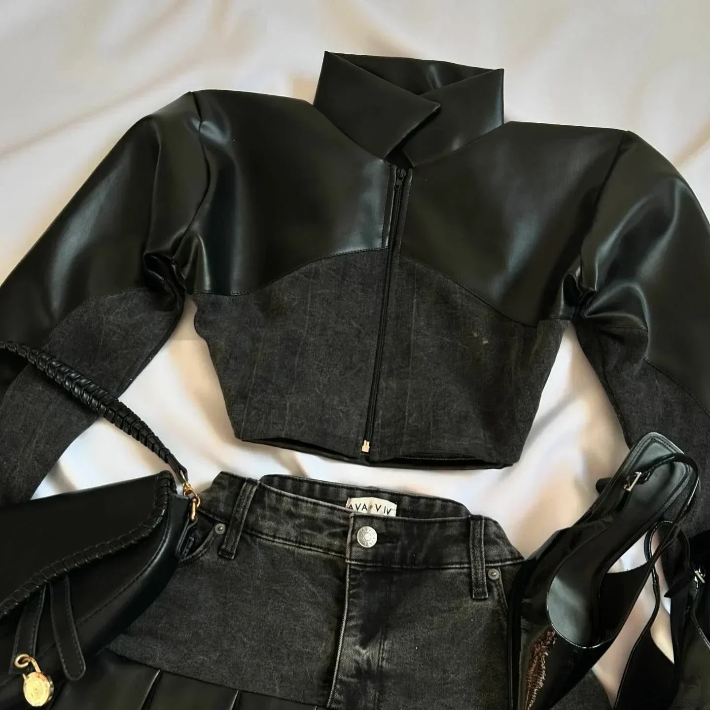 maoxiangshop - Y2K Harajuku Gothic Leather Jacket Casual Skirts Gothic Fashion Leather Patchwork Two Piece Clothing gothic Women Hot Sweetheart